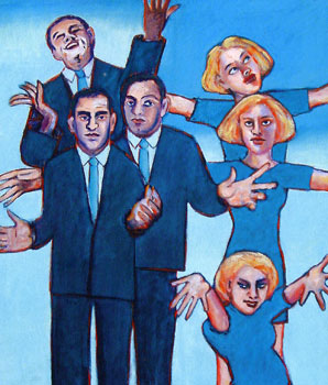 Meerblae Krawatten heißt das Bild von Tremezza von Brentano, es zeigt, drei Männer und drei Frauen und ist in Blautönen gehalten