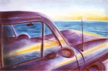 Das Bild zeigt eine pastellfarbene Zeichnung eines Autos in der Dämmerung