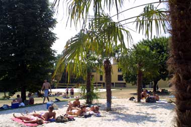 Das Bild zeigt Besucher am Palmenstrand im Oktopus