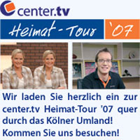 Das Foto zeigt das Logo von Center TV Heimattour 07 mit den Zwillingen-Moderatoren und einem weiteren Moderator 