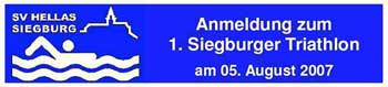 Das Bild zeigt den blauen Anmeldeflyer des SV Hellas zum Siegburger Triathlon.